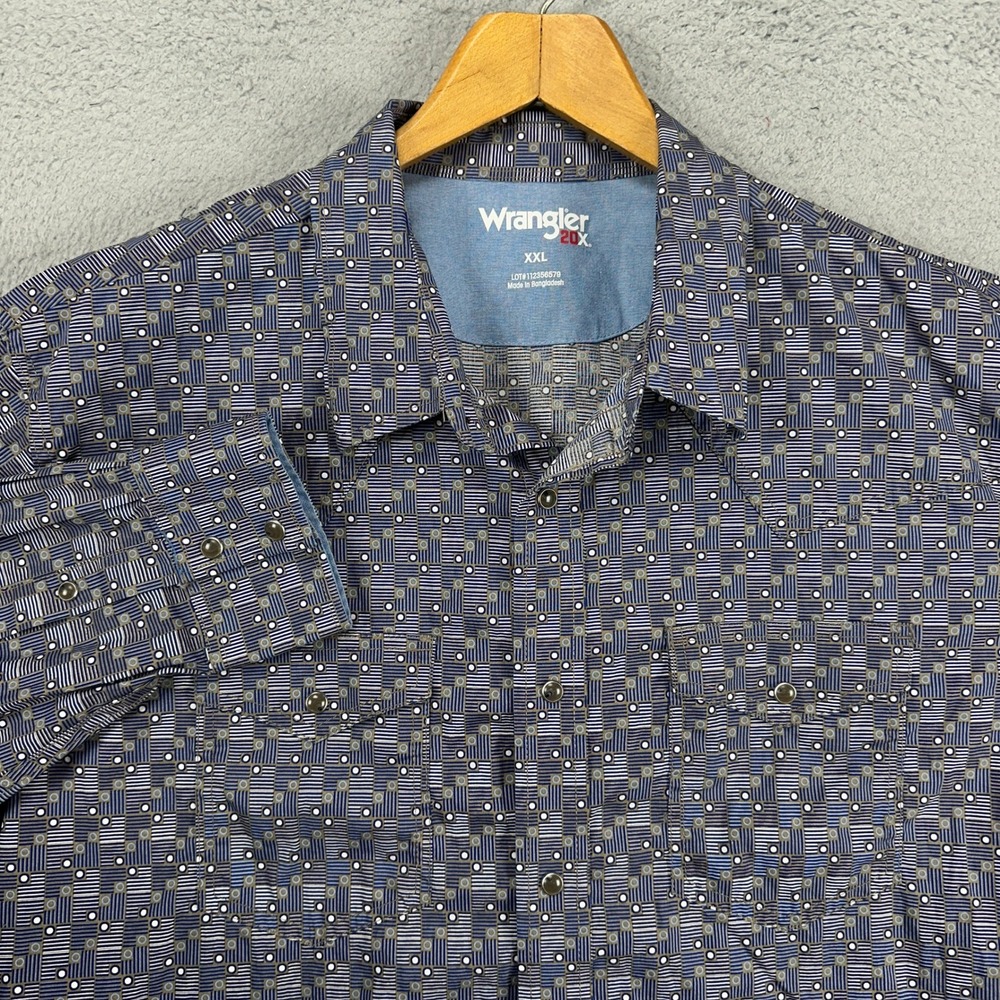 Wrangler 20X Men Button Up Shirt 2XL Blue Western Pearl Snap Flap Pocket Stretch